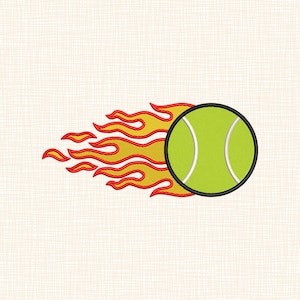 May include: A tennis ball with a black outline and white stripes is depicted with flames trailing behind it. The flames are red, orange, and yellow, suggesting speed and energy. The background is a light beige.