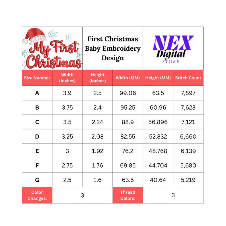 以下が含まれることがあります： 「My First Christmas」のテキストとサンタ帽のグラフィックが特徴のデジタル刺繍デザイン。インチとミリメートルでの寸法とステッチ数を含むサイズチャートが含まれています。NEX Digital Storeのデザインです。