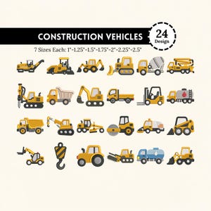 Könnte beinhalten: Eine Sammlung von 24 gelben Baustellenfahrzeug-Designs, darunter Bagger, Muldenkipper und Kräne. Der Text lautet CONSTRUCTION VEHICLES 24 Design und 7 Größen: 2,54cm-3,18cm-3,81cm-4,45cm-5,08cm-5,72cm-6,35cm. Es handelt sich um digitale Stickmuster.
