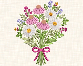 Diseño de bordado de ramo de margaritas silvestres, pradera floral de equinácea rosa, patrón de bordado a máquina de ramo de flores silvestres de verano, tamaño 14