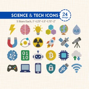 Może przedstawiać: Zestaw 24 ikon naukowych i technologicznych, w tym błyskawica, mózg, żarówka, rakieta i satelita. Tekst "SCIENCE & TECH ICONS" jest wyświetlany nad ikonami. Każda ikona jest dostępna w 5 rozmiarach.