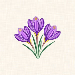 May include: An embroidered design featuring three purple crocus flowers with yellow centers and green stems and leaves. The flowers are set against a cream-colored, textured background.