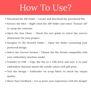 Pode incluir: Imagem com o texto "How To Use?" em uma faixa vermelha. Abaixo, uma lista de instru&ccedil;&otilde;es sobre como usar um produto digital, incluindo download, extra&ccedil;&atilde;o de arquivos e sele&ccedil;&atilde;o do formato correto para uma m&aacute;quina de bordar.