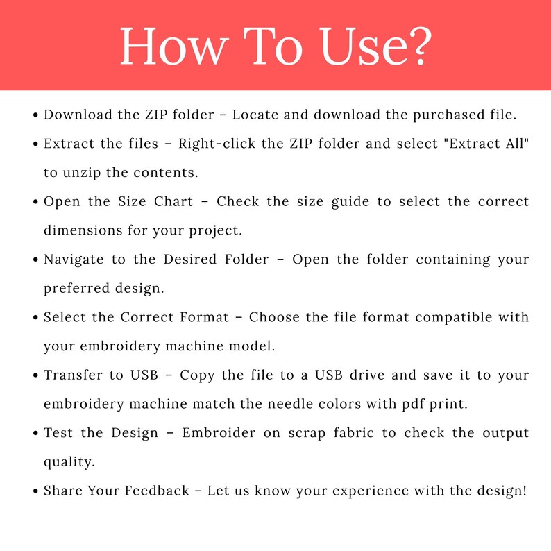 Pode incluir: Imagem com o texto "How To Use?" em uma faixa vermelha. Abaixo, uma lista de instru&ccedil;&otilde;es sobre como usar um produto digital, incluindo download, extra&ccedil;&atilde;o de arquivos e sele&ccedil;&atilde;o do formato correto para uma m&aacute;quina de bordar.