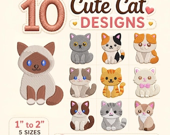 Mini Cute Cats Embroidery Bundle, Kawaii Kitten Embroidery Designs, Cute Cat Mini Bundle, Nursery Animal Embroidery Designs 10 Design 4 Size
