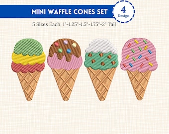 Paquete de diseños de bordado de mini helados en cono de gofre, archivos de bordado a máquina de postres de verano, lindo juego de mini helados en 5 tamaños.