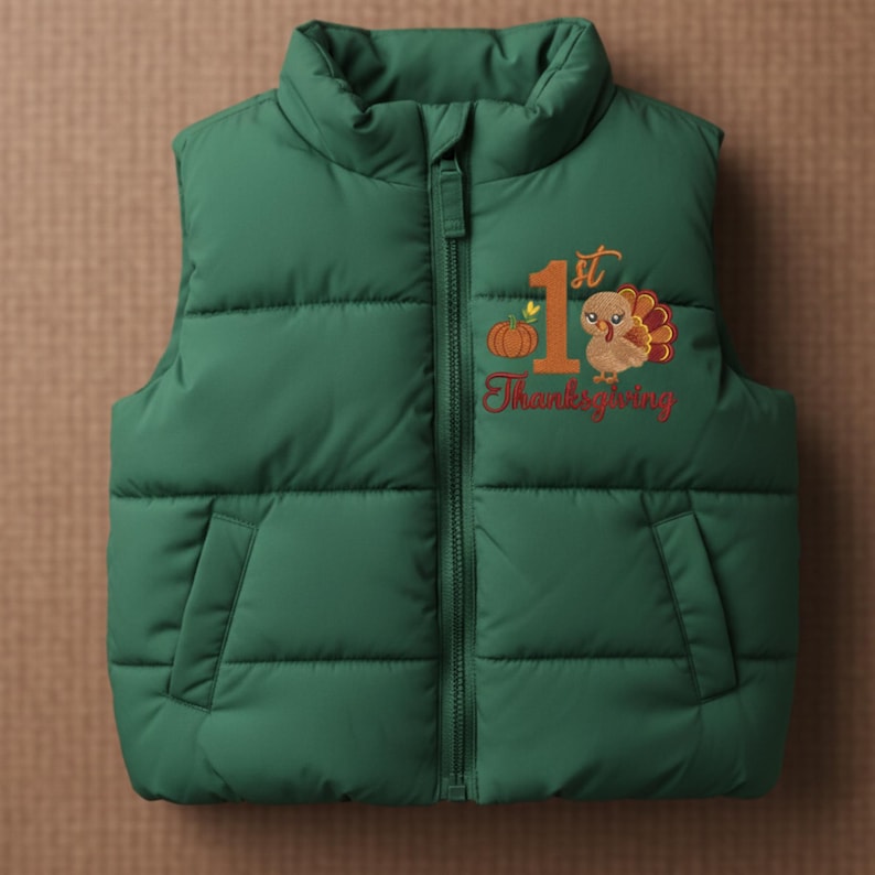 May include: A forest green puffer vest with a full-length front zipper and two side pockets. The chest features an embroidered design with a large orange number 1, a small orange pumpkin, and a brown turkey, with the text 1st Thanksgiving.