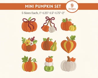 Mini Pumpkin Embroidery Designs Bundleof 9 Fall Autumn Pumpkin Machine Embroidery Files, Thanksgiving Mini Icons 5 Sizes