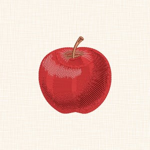 Puede incluir: Un bordado detallado de una manzana roja con un tallo marrón. La manzana está representada con hilo texturizado, creando un efecto tridimensional. El fondo es una tela beige claro.