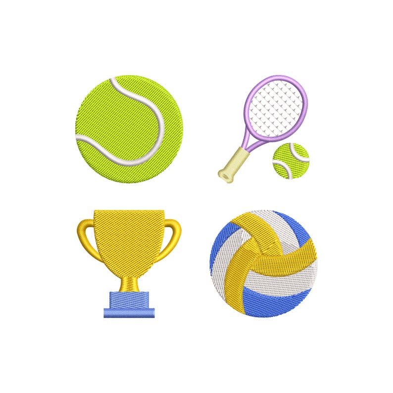 Op de afbeelding: Geborduurde patches met sportthema's. De afbeelding toont een tennisbal, een tennisracket met een bal, een gouden trofee en een volleybal. De patches zijn in heldere kleuren en zijn waarschijnlijk bedoeld om kleding of accessoires te versieren.