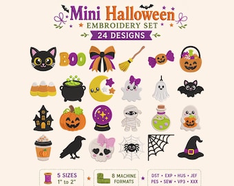 Mini Halloween Embroidery Bundle 24 Designs Pumpkin Ghost Bat Spider Machine Embroidery Files 5 Sizes Digital Download