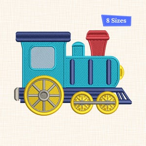 May include: A colorful embroidered train design. The train features a blue body with yellow wheels, a red smokestack, and a blue roof. The image includes the text "8 Sizes" in a blue banner.