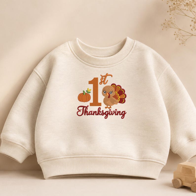 May include: A cream-colored long-sleeve sweatshirt featuring a graphic print with the text 1st Thanksgiving, a small orange pumpkin, and a cartoon turkey with brown, red, and yellow feathers. The garment has a ribbed crew neckline and cuffs.