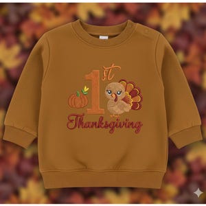 May include: A long-sleeve brown sweatshirt featuring an embroidered design with a large orange number 1, a small pumpkin, and a turkey. The text 1st Thanksgiving is stitched in orange and red thread. The garment has a ribbed crew neckline and cuffs.
