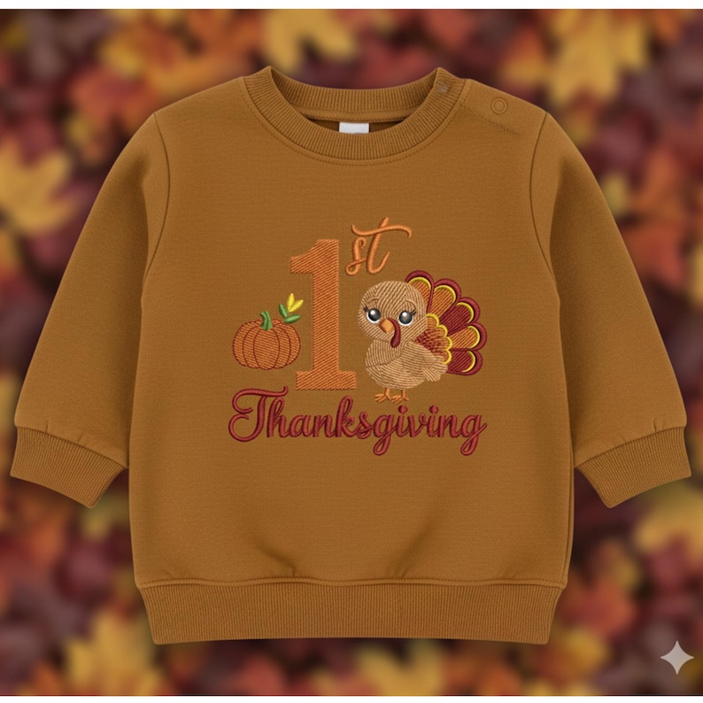 May include: A long-sleeve brown sweatshirt featuring an embroidered design with a large orange number 1, a small pumpkin, and a turkey. The text 1st Thanksgiving is stitched in orange and red thread. The garment has a ribbed crew neckline and cuffs.