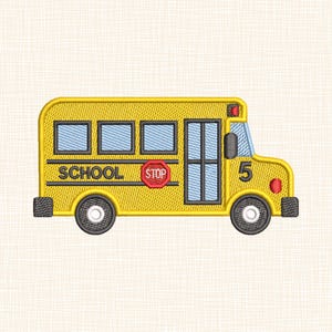 May include: A yellow school bus with black wheels, windows, and trim. The bus has the word "SCHOOL" above the door and a red "STOP" sign. The number "5" is on the front of the bus.