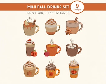 Mini Fall Drinks Embroidery Bundle, Cozy Autumn Coffee Mug Embroidery Designs, Pumpkin Spice Latte Machine Embroidery Files, 9 Mini Designs