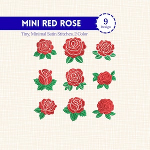 Puede incluir: Se muestran nueve diseños bordados de rosas rojas con hojas verdes. El texto "MINI RED ROSE" está encima de los diseños, con "Tiny, Minimal Satin Stitches, 2 Color" debajo. También hay una pancarta azul y un círculo punteado con el número 9.