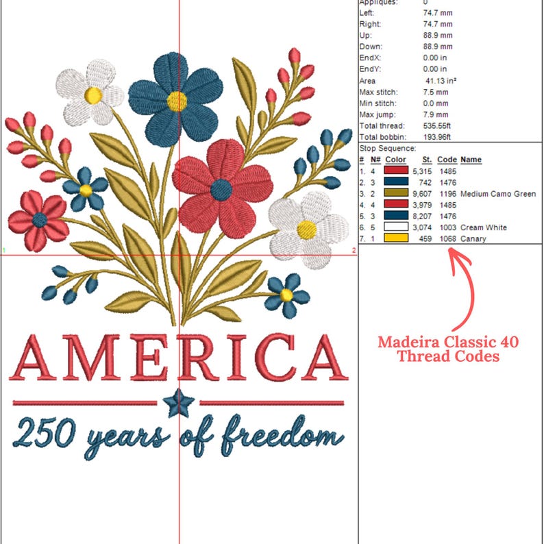 Pode incluir: Design bordado com um buqu&ecirc; floral em vermelho, branco e azul, com a palavra "AMERICA" e "250 years of freedom" abaixo. O design inclui uma estrela, para um tema patri&oacute;tico.