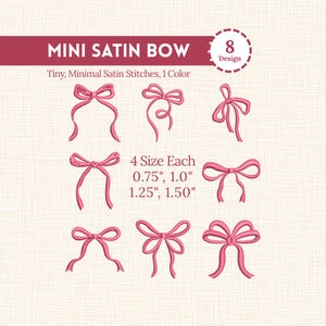 Op de afbeelding: Verschillende ontwerpen van mini-satijnen strikken in roze. De afbeelding toont acht verschillende strik ontwerpen in een zachte roze tint. De strikken zijn verkrijgbaar in vier maten: 1,9 cm, 2,5 cm, 3,2 cm en 3,8 cm. De tekst luidt "MINI SATIN BOW" en "Tiny, Minimal Satin Stitches, 1 Color."