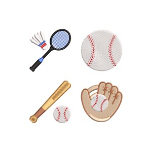Op de afbeelding: Geborduurde sportuitrusting, waaronder een badmintonracket en shuttle, een honkbal, een honkbalknuppel, een honkbalhandschoen en een honkbal.