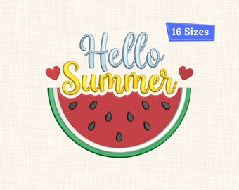 Hello Summer Watermelon Embroidery Design Cute Summer Fruit Seasonal Shirt Towel Kitchen Decor Pattern Sweet Quote 16 Sizes