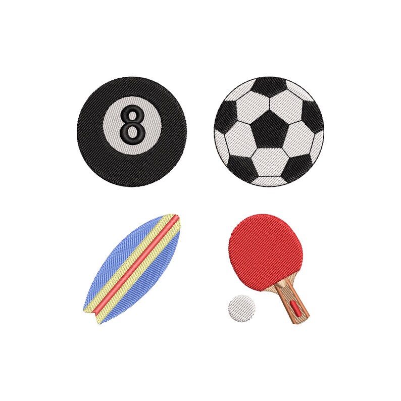 Op de afbeelding: Geborduurde patches met een zwarte achtbal, een voetbal met zwart-witte panelen, een blauw en geel surfboard en een rood tafeltennisbatje met een witte bal. Thema sport en recreatie.