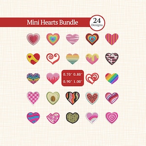 Minihartborduurbundel, 24 kleine harten machineborduurontwerpen, Valentijn hartborduurbestanden PES DST JEF 4 maten