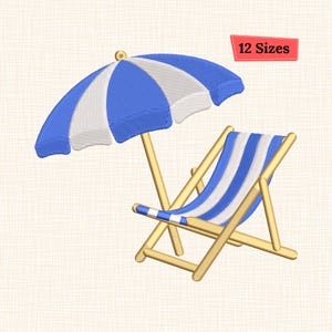 May include: An embroidered illustration of a beach scene featuring a blue and white striped beach umbrella and a matching deck chair. The text "12 Sizes" is displayed in a red rectangle.