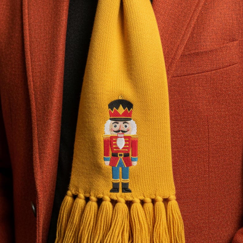 May include: A yellow knitted scarf with a detailed embroidered image of a nutcracker soldier. The scarf has a tassel fringe and is displayed against a rust-colored jacket.