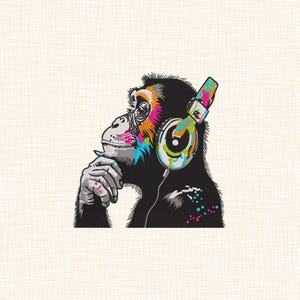 May include: An illustration of a black chimpanzee wearing headphones with a colourful design. The chimpanzee has a thoughtful expression, with splashes of pink, orange, blue, and green on its face. The background is a textured off-white.