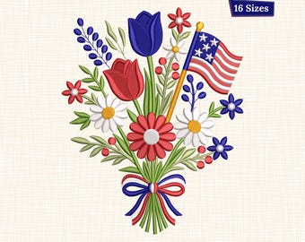 Desenho de bordado de buquê floral patriótico, tulipas e margaridas com a bandeira americana (download digital)