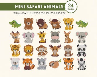 Mini Safari Animals Embroidery Bundle, Zoo Animal Machine Embroidery Files, Jungle Baby Animal Designs Set of 24 Woodland Animals 7 Sizes