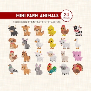 May include: A collection of 24 mini farm animal designs, each available in 7 sizes ranging from 1 inch to 2.5 inches. The image features various cartoon animals, including a cow, cat, chick, dog, donkey, duck, goat, and pig.