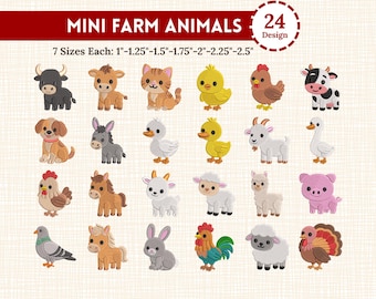 Mini Farm Animals Embroidery Bundle 24 Designs Cute Cow Pig Chicken Horse Goat Sheep Barnyard Baby Animal Set 7 Sizes
