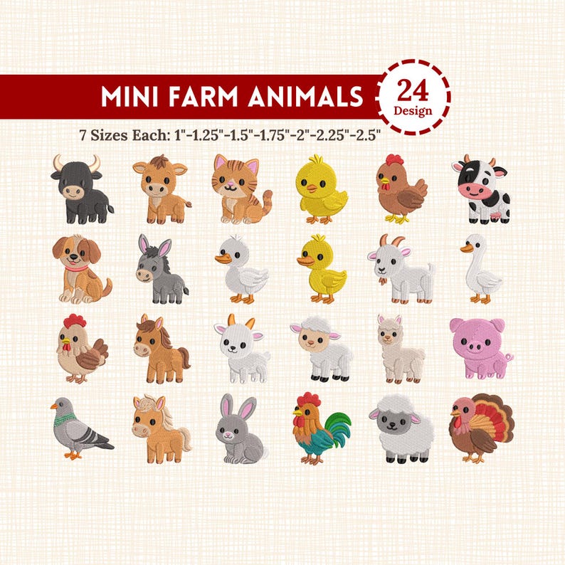 Mini Embiodery Set Mini Farm Animals Embroidery Bundle 24 Designs Cute Cow Pig Chicken ...