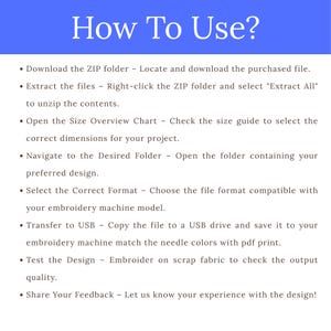 Op de afbeelding: Een blauw-witte afbeelding met de titel "How To Use?" (Hoe te gebruiken?) en instructies voor het gebruik van een digitaal borduurbestand. Stappen omvatten downloaden, uitpakken en overbrengen naar een USB-stick.