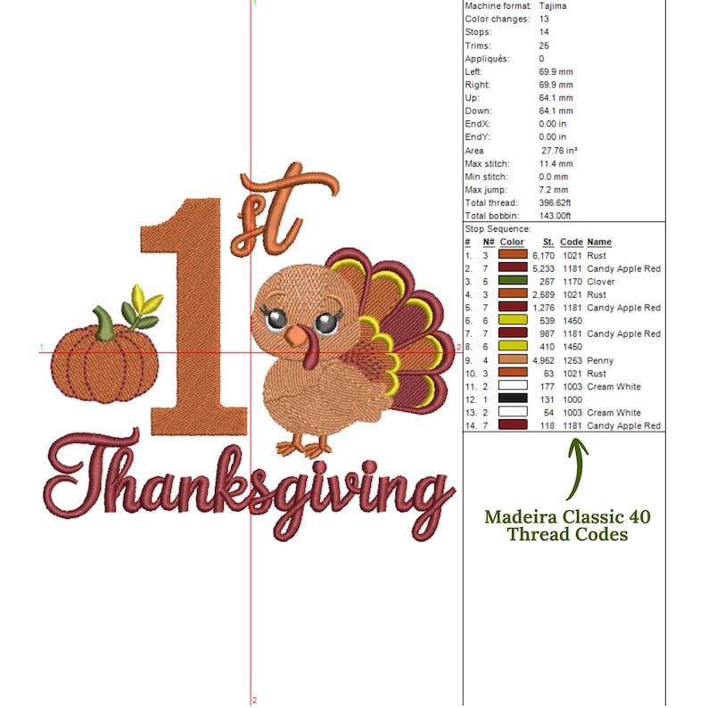 May include: An embroidery design featuring a large number 1, the text 1st Thanksgiving, a pumpkin, and a cartoon turkey. The design includes a technical stop sequence table with Madeira Classic 40 thread codes, color names, and stitch counts.