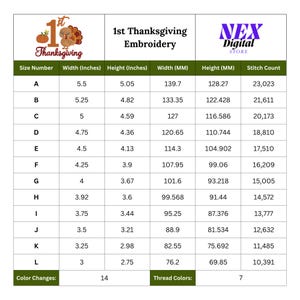 May include: A digital chart for 1st Thanksgiving embroidery by NEX Digital Store. The table lists twelve sizes labeled A through L, providing width and height in inches and millimeters, plus stitch counts. It notes 14 color changes and 7 thread colors.