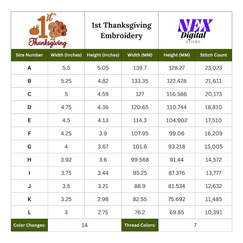 May include: A digital chart for 1st Thanksgiving embroidery by NEX Digital Store. The table lists twelve sizes labeled A through L, providing width and height in inches and millimeters, plus stitch counts. It notes 14 color changes and 7 thread colors.