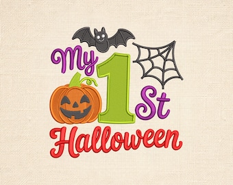 My 1st Halloween Embroidery Design, First Halloween Baby Shirt Embroidery File, Cute Pumpkin Bat Machine Embroidery PES DST 14 Sizes