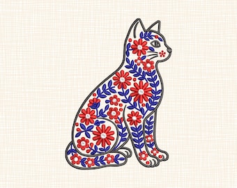 Floral Cat Embroidery Design, Folk Art Flower Kitty Machine Pattern (Digital Download)