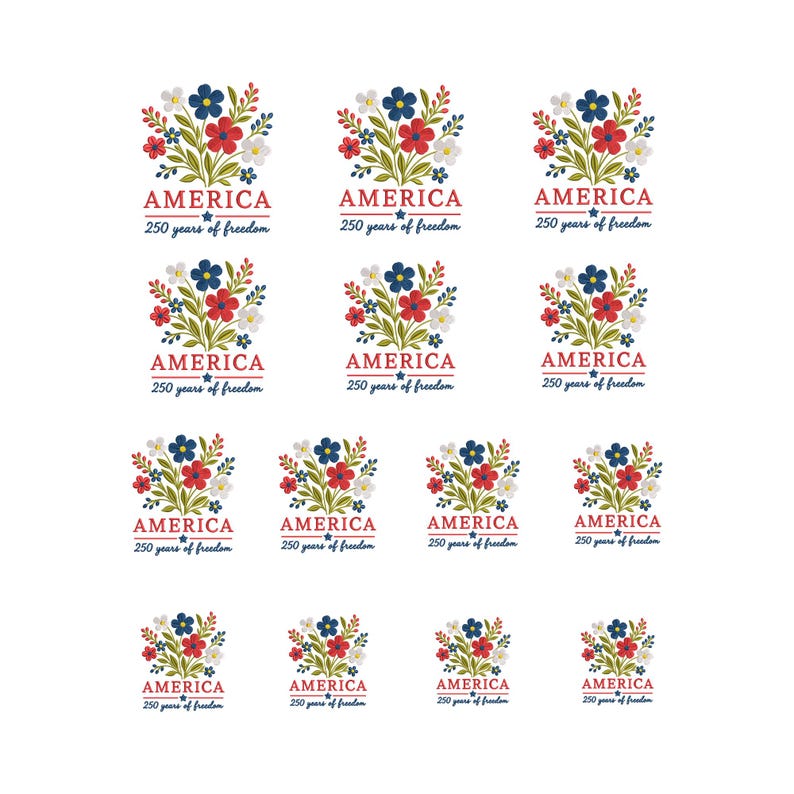 Pode incluir: V&aacute;rios desenhos florais com a palavra "AMERICA" e o texto "250 years of freedom". Cada desenho apresenta um buqu&ecirc; de flores vermelhas, brancas e azuis, com folhas verdes, em um fundo branco.