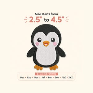Borduurontwerp gelukkige pinguïn, baby pinguïn machineborduurbestand, kawaii dier borduurpatroon, ontwerp kinderkamer, 10 maten