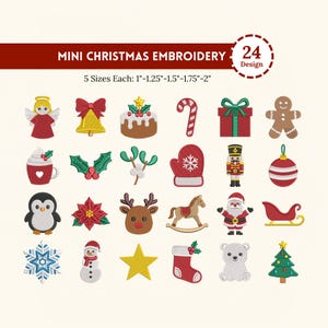 May include: A digital collection of 24 mini Christmas embroidery designs in 5 sizes ranging from 1 inch to 2 inches. The set features icons including an angel, bell, cake, candy cane, gift, gingerbread man, cocoa, holly, mistletoe, mitten, nutcracker, ornament, penguin, poinsettia, reindeer, rocking horse, Santa, sleigh, snowflake, snowman, star, stocking, polar bear, and tree.