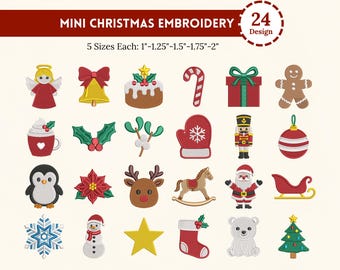 Mini Christmas Embroidery Designs, 24 Holiday Icon Machine Embroidery Designs 5 Sizes Pes Dst Jef