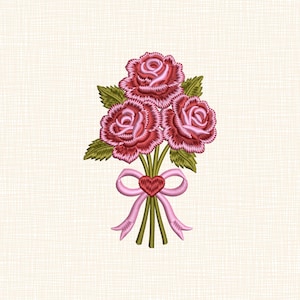 Diseño de bordado de ramo de rosas rojas para San Valentín, patrón floral para bordado a máquina, 6 tamaños, 8 formatos