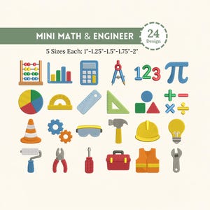 Mini-bundel met borduurontwerpen voor wiskunde en techniek, 24 STEM Teacher Classroom-machineborduurpictogrammen, rekenmachine Pi-tools Schoolbestanden