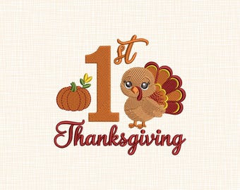 Borduurontwerp My First Thanksgiving, baby kalkoen, hartenpatroon, 7 maten, direct downloaden
