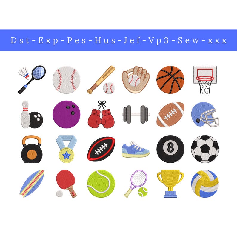 Op de afbeelding: Een verzameling kleurrijke sportillustraties, waaronder een basketbal, honkbal, voetbal en tennisracket. Andere items zijn een bowlingpin, bokshandschoenen en een trofee. De tekst "Dst-Exp-Pes-Hus-Jef-Vp3-Sew-xxx" staat bovenaan.